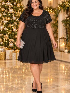 Papell Boutique Evening Black Sparkle Holiday Dress Size 20 Short Sleeve Flowy